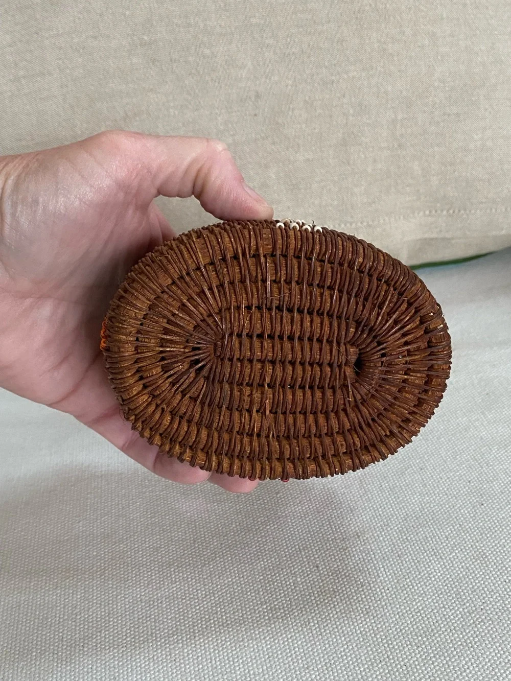 2 VTG Indonesian Lombok Handwoven Rattan Beaded Trinket Box Lid Seed Bead Accent